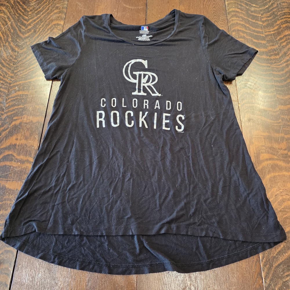 Colorado Rockies women's black flared bottom short sleeve t-shirt sz L